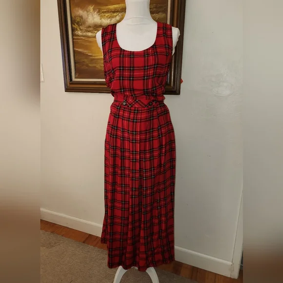 Vintage 1970s 1980s Red Plaid Maxi Dress by Bedford Fair NOS - Picture 2 of 12